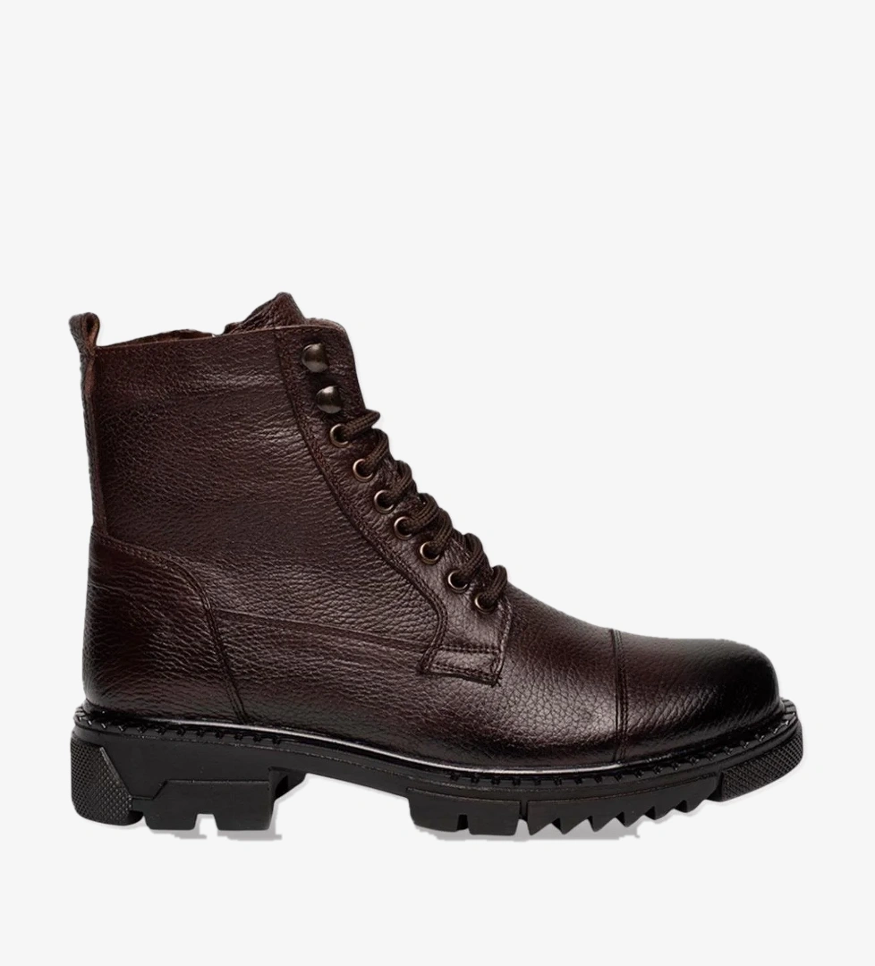 Erkek İçi Kürklü Hakki Deri Fermuarlı Kaydırmaz Termo Taban Bot KAHVERENGİ