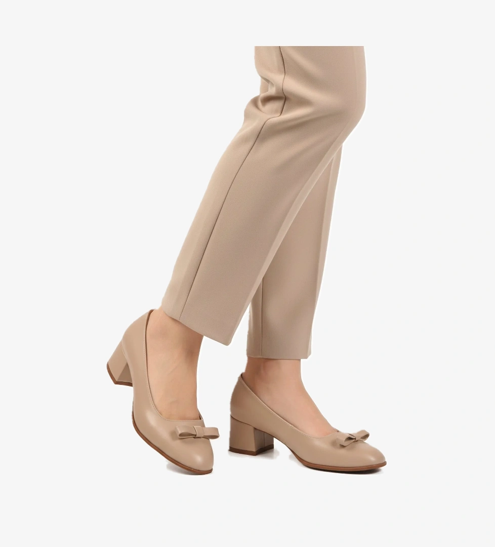 Bej Cilt Fiyonk Kurdeleli Kadın Topuklu Ayakkabı 519081 Z