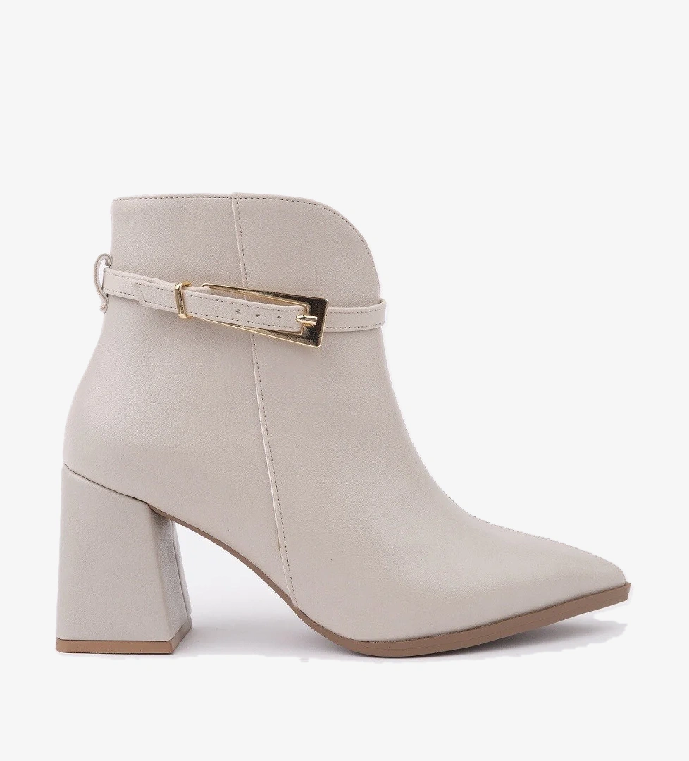 GLORİA Sivri Burun Kemer Detaylı Kalın Topuklu Fermuarlı Kadın Bot - Görsel 1