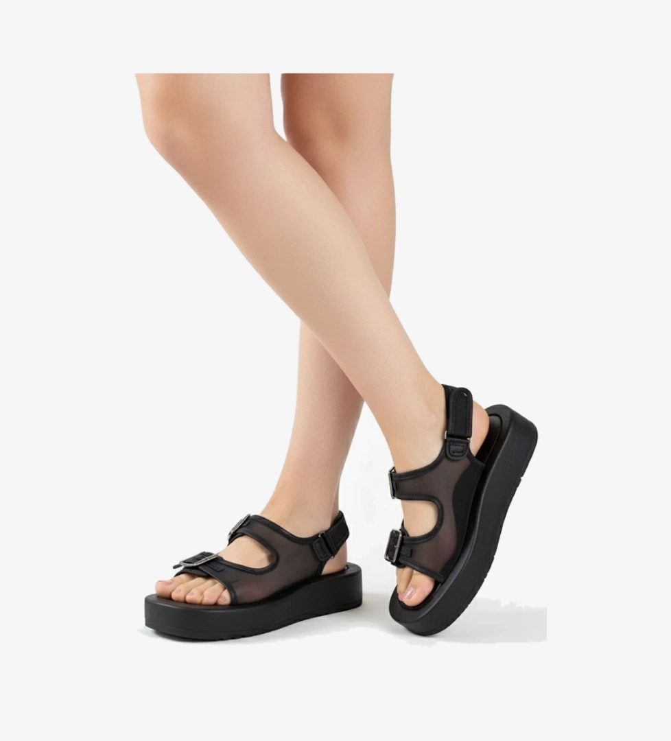 Siyah Tül Detaylı Kadın Düz Sandalet