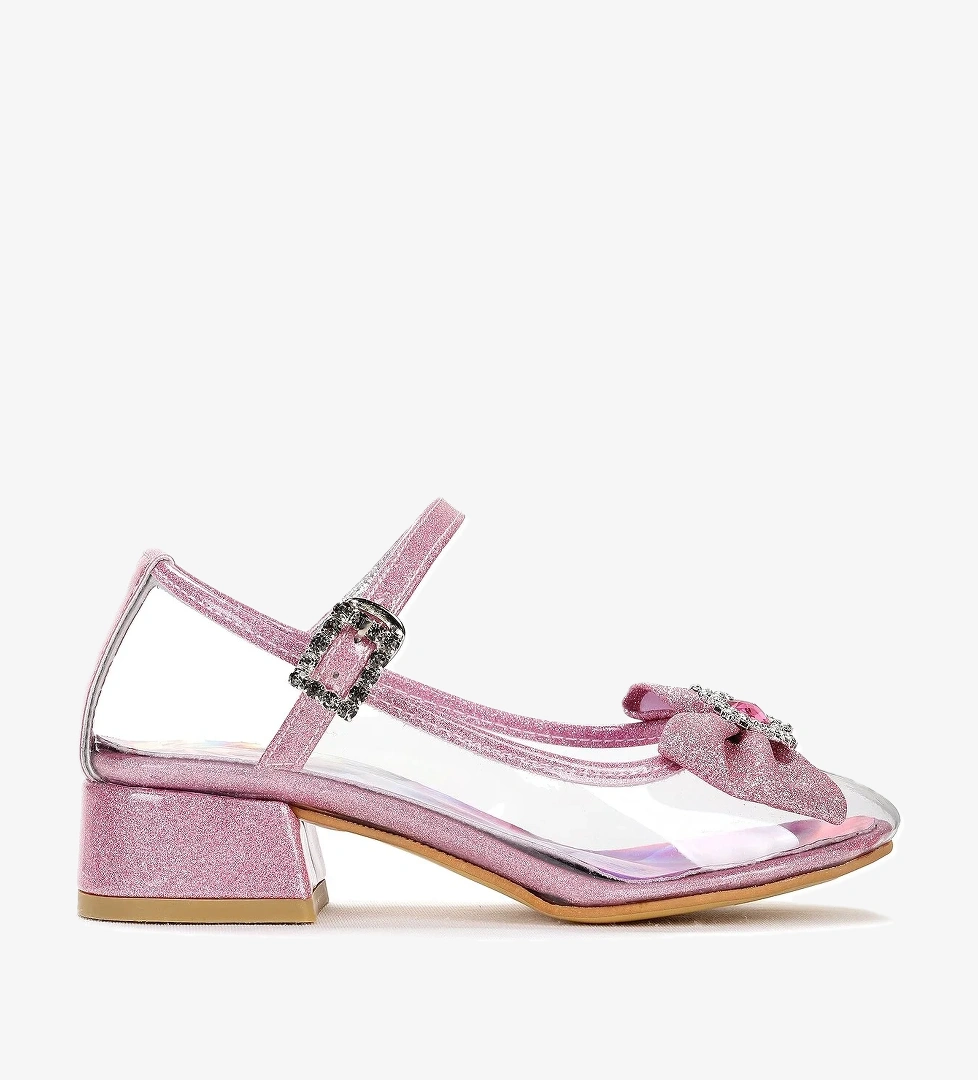 Asel Kız Çocuk Simli Topuklu Abiye Şeffaf Ayakkabı Pembe