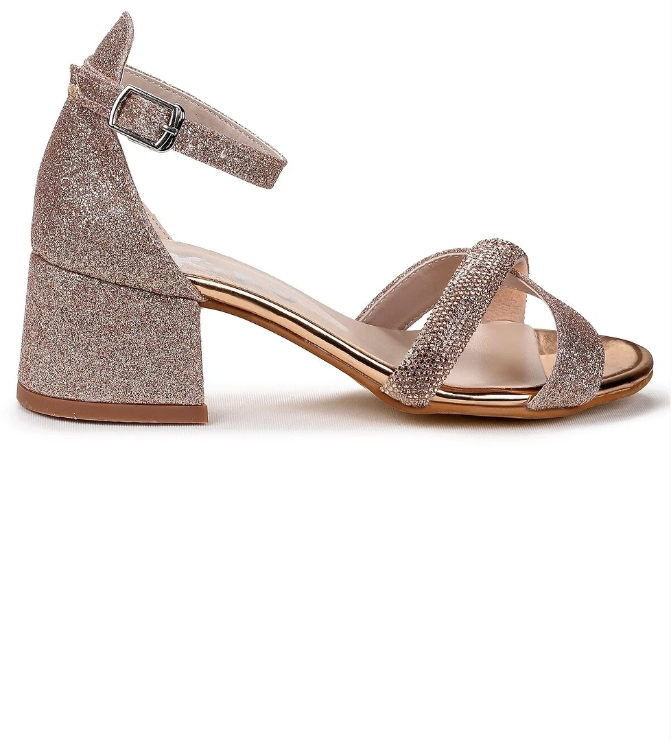 Tanda Kum Simli Kız Çocuk 4 Cm Topuklu Sandalet Abiye Ayakkabı Bakır