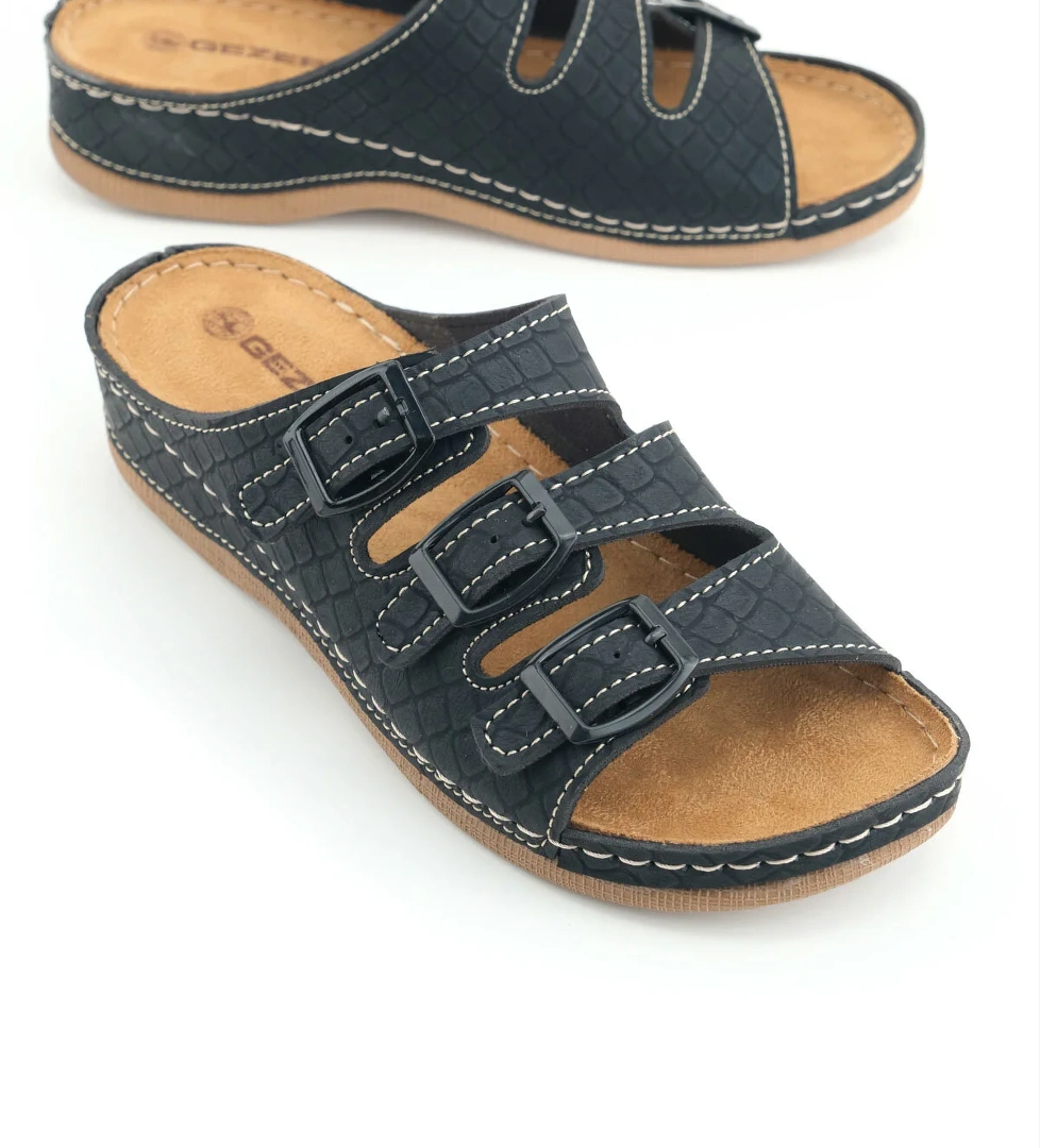 Kadın Yazlık Yüksek Topuk Mikrofiber Rahat Taban Üç Toka Ayarlanabilir Günlük Terlik - Görsel 1