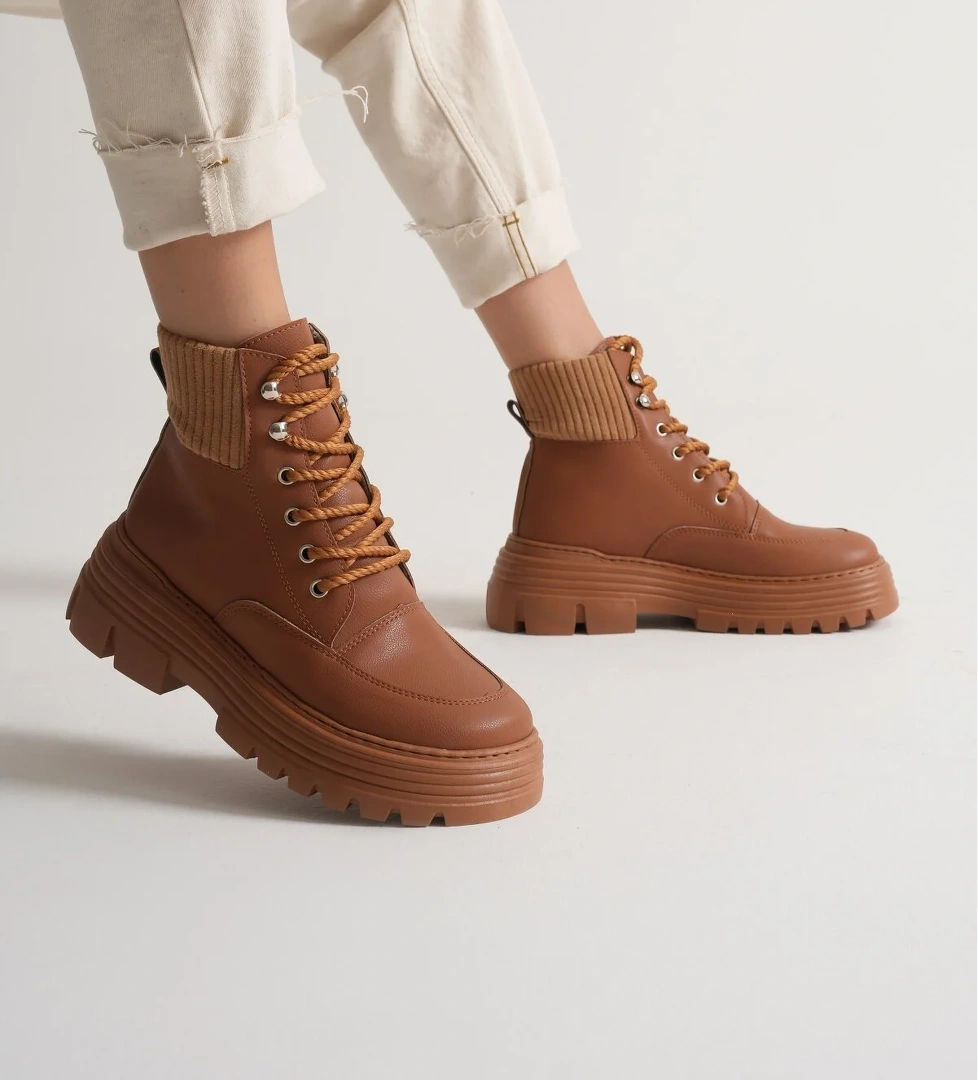 Kadın Taba Kalın EVA Taban Boğazı Lastikli Bağcıklı Bot - Görsel 1