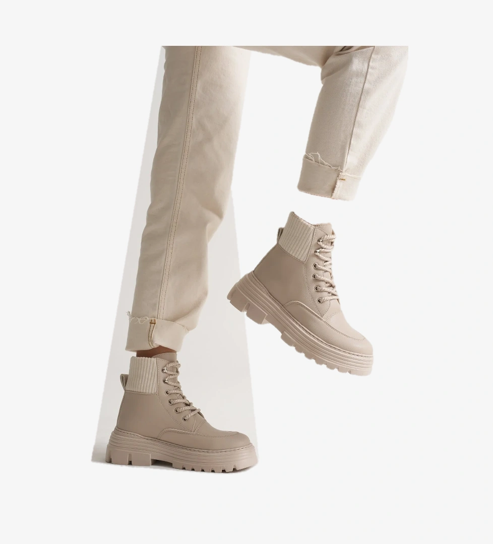 Kadın Bej Kalın EVA Taban Boğazı Lastikli Bağcıklı Bot - Görsel 1