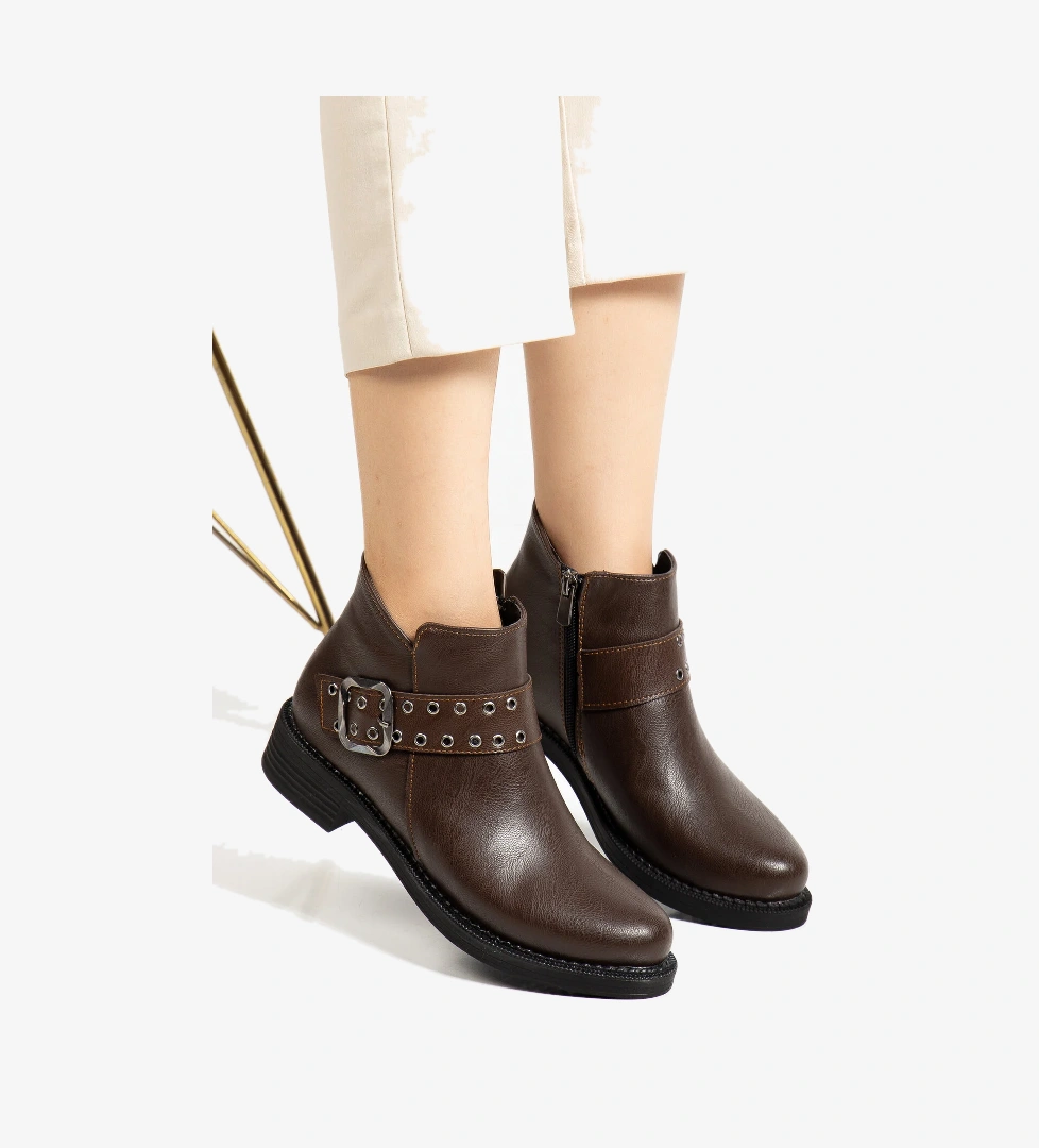 Kadın Kahve Cilt Kalın Termo Taban Kemer Toka Detaylı Fermuarlı Bot