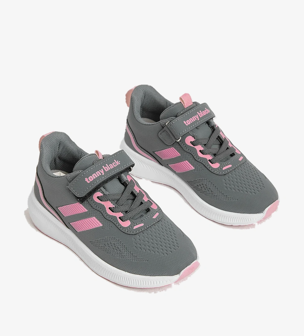 Çocuk Unisex Füme Pembe Eva Taban Yanı Şeritli File Detaylı Cırtlı Spor Ayakkabı