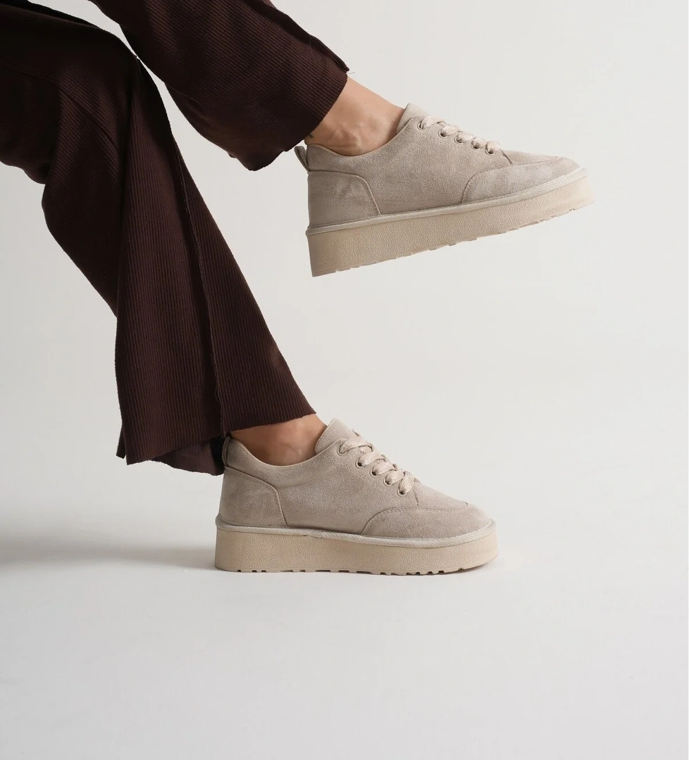 Kadın Bej Kalın Poli Taban Bağcıklı Günlük Ayakkabı - Görsel 1