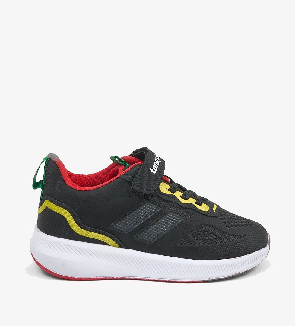 Çocuk Unisex Siyah Kırmızı Eva Taban Yanı Şeritli File Detaylı Cırtlı Spor Ayakkabı