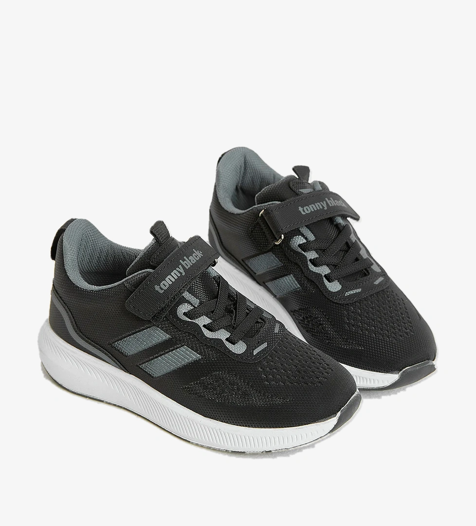 Çocuk Unisex Siyah Füme Eva Taban Yanı Şeritli File Detaylı Cırtlı Spor Ayakkabı