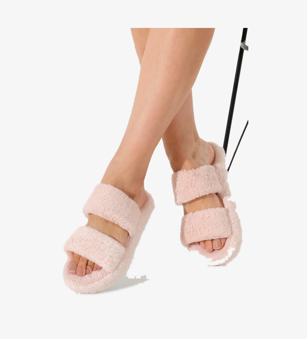 Kadın Pembe Çift Bantlı Peluş Ev Terliği