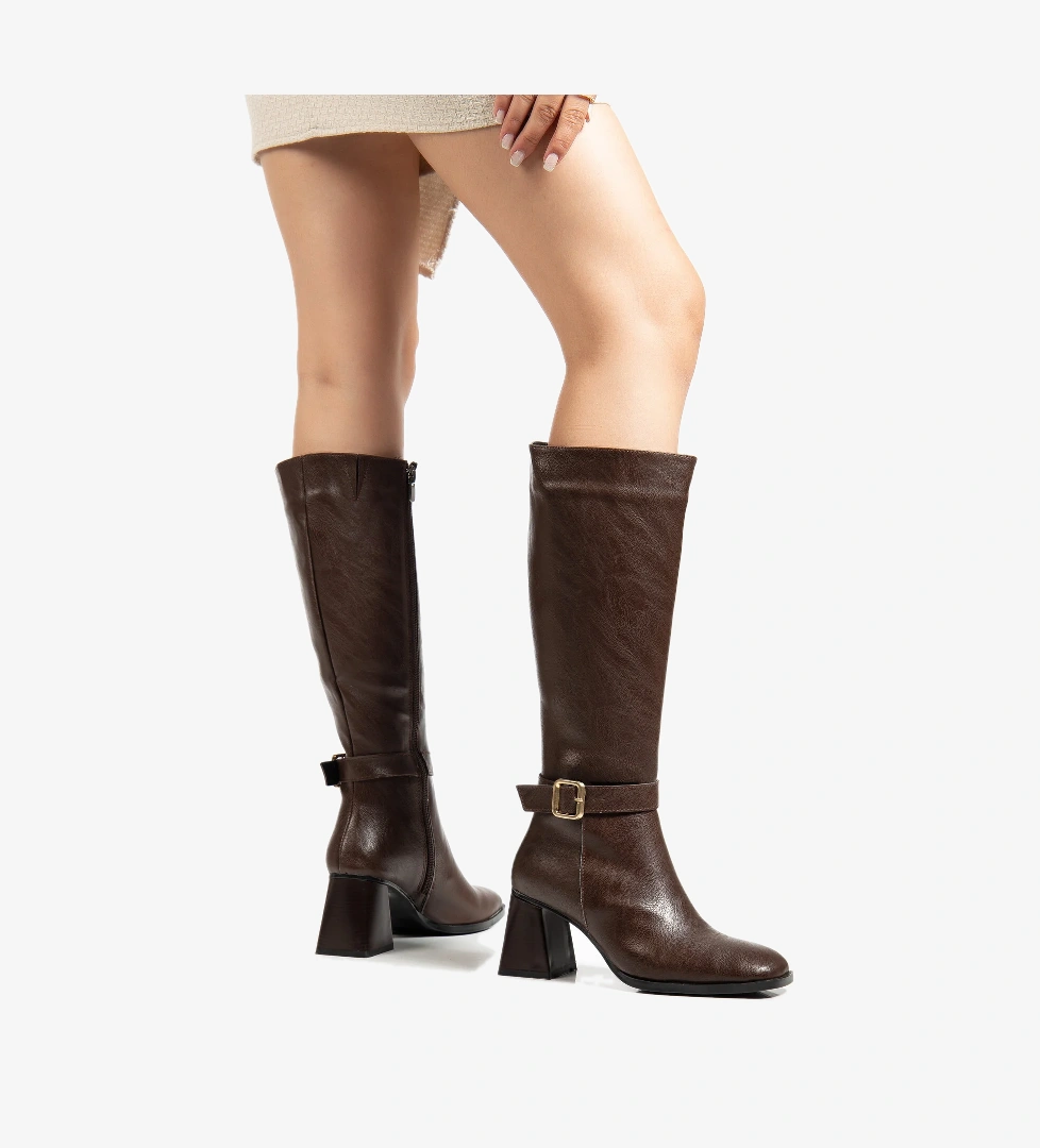 Kadın Kahve Cilt TPU Taban Kemer Tokalı Fermuarlı Topuklu Çizme - Görsel 1