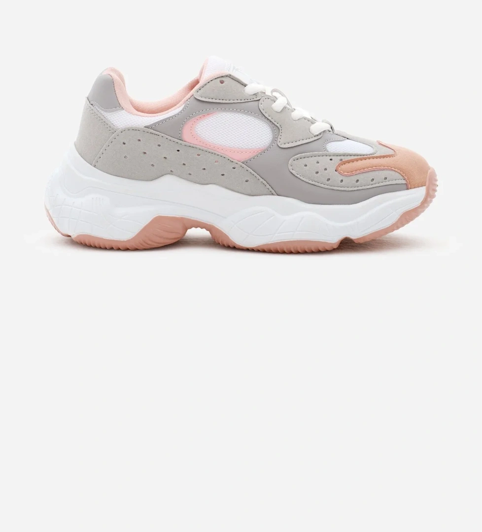 Kadın Gri Pudra Rahat Kalıp Yüksek Taban Bağcıklı Spor Ayakkabı - Görsel 1