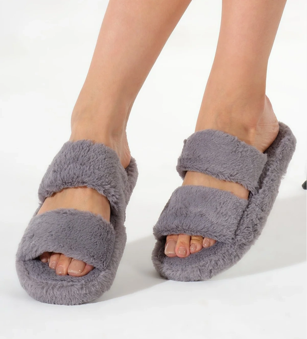 Kadın Füme Çift Bantlı Peluş Ev Terliği