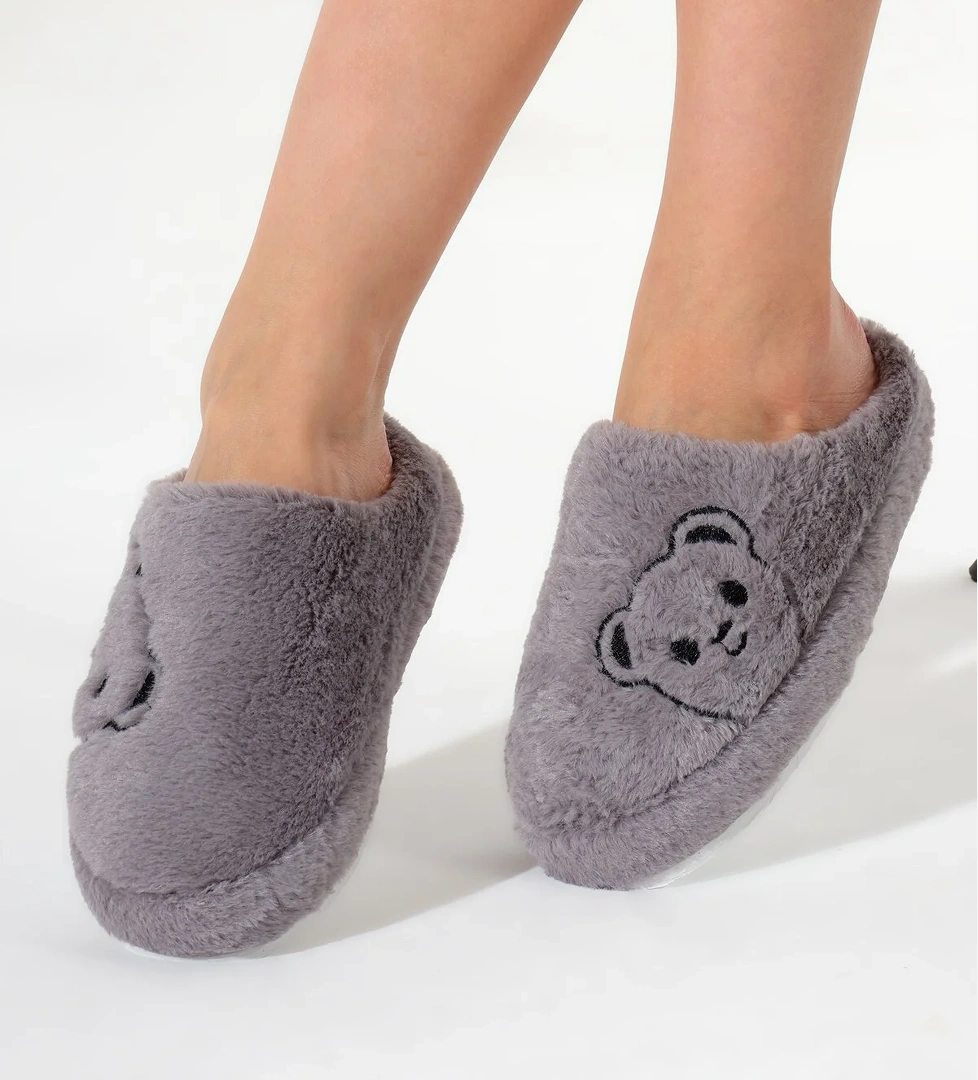 Kadın Füme Ayıcık Desenli Önü Kapalı Peluş Ev Terliği