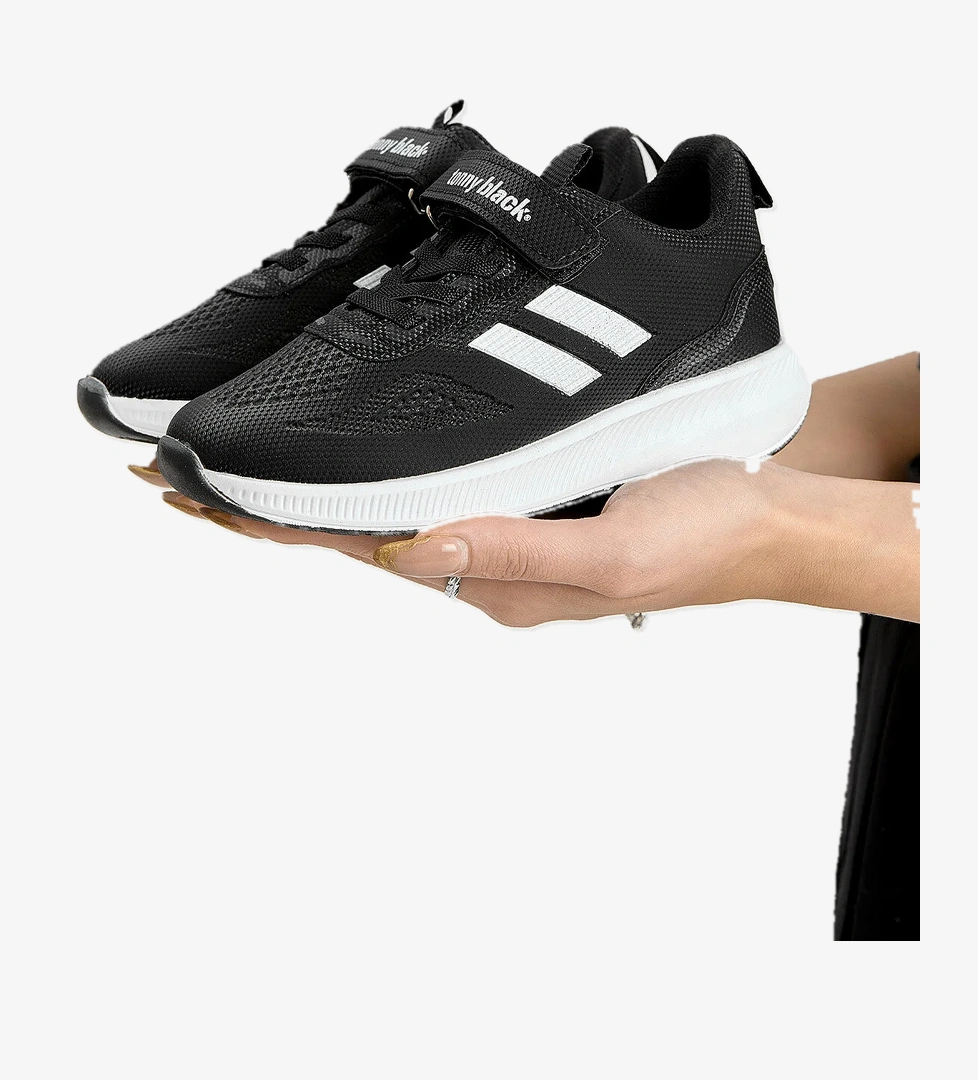 Çocuk Unisex Siyah Beyaz Eva Taban Yanı Şeritli File Detaylı Cırtlı Spor Ayakkabı