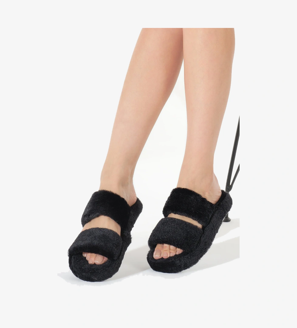 Kadın Siyah Çift Bantlı Peluş Ev Terliği