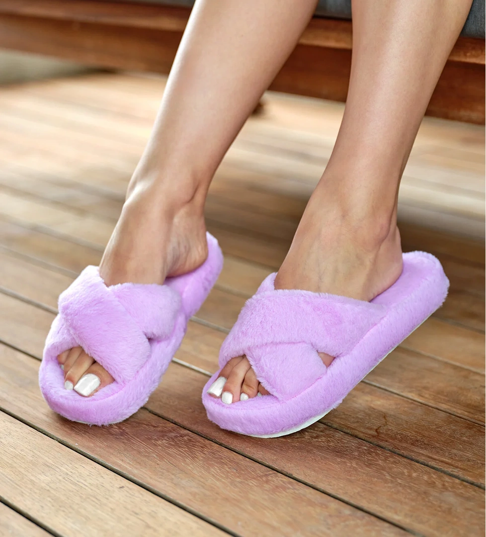 Kadın Pudra Çapraz Peluş Ev Terliği