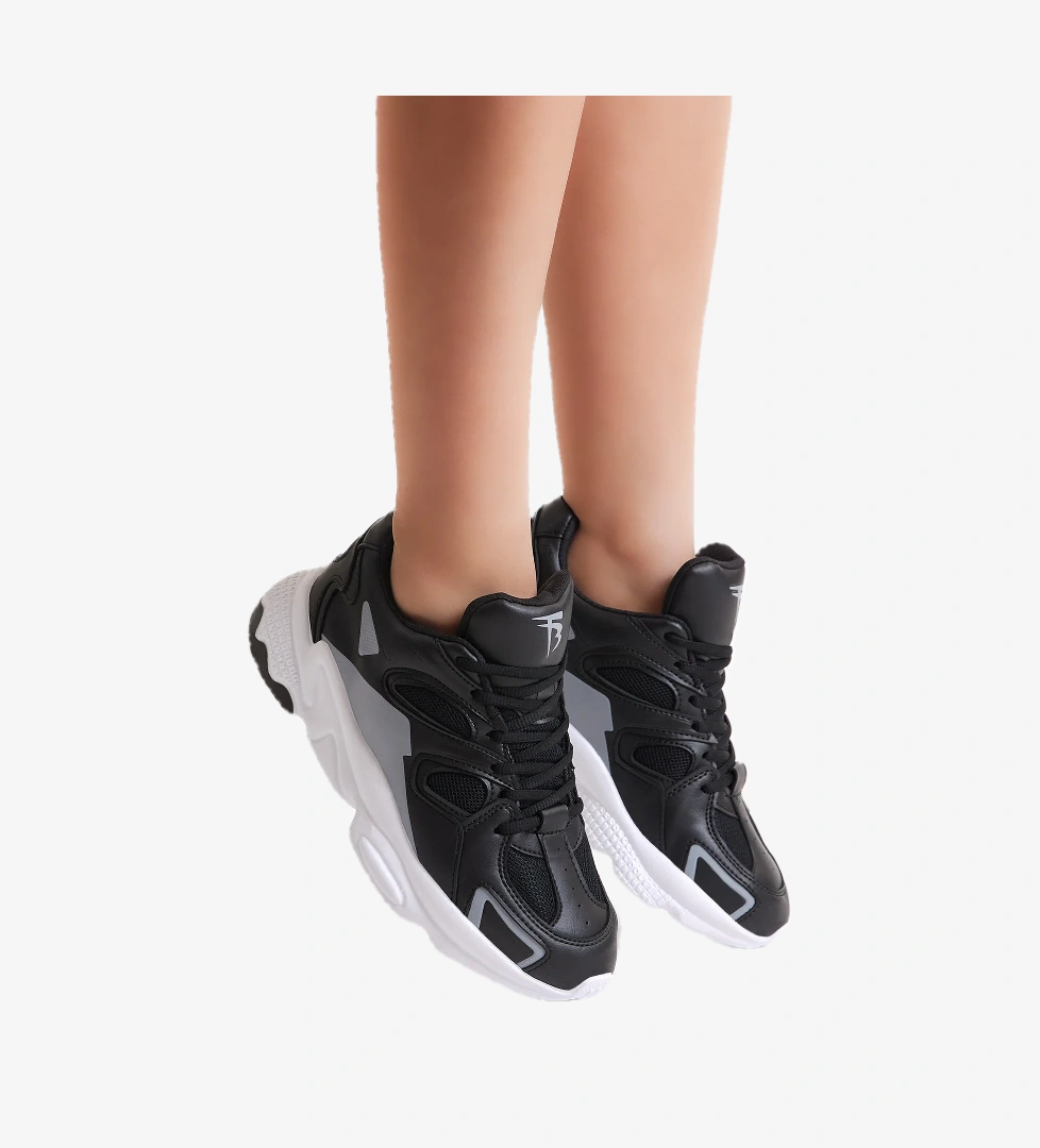 Unisex Siyah Gri Rahat Kalıp Yüksek Taban Bağcıklı Spor Ayakkabı