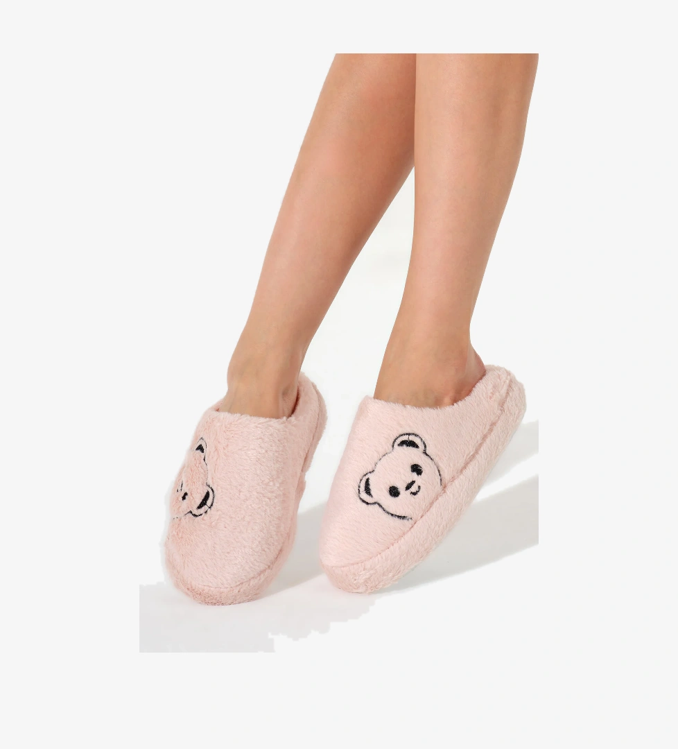 Kadın Pudra Ayıcık Desenli Önü Kapalı Peluş Ev Terliği