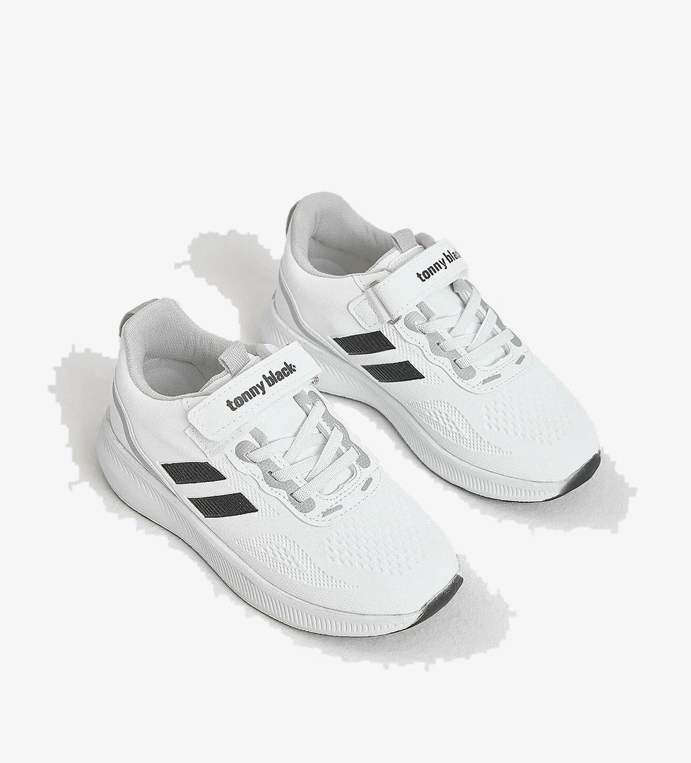 Çocuk Unisex Beyaz Siyah Eva Taban Yanı Şeritli File Detaylı Cırtlı Spor Ayakkabı