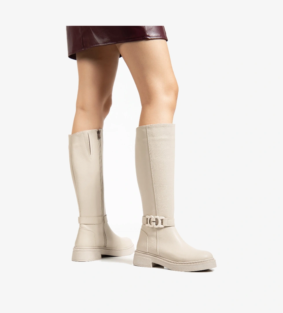 Kadın Bej Cilt Kalın Termo Taban Tokalı Fermuarlı Çizme