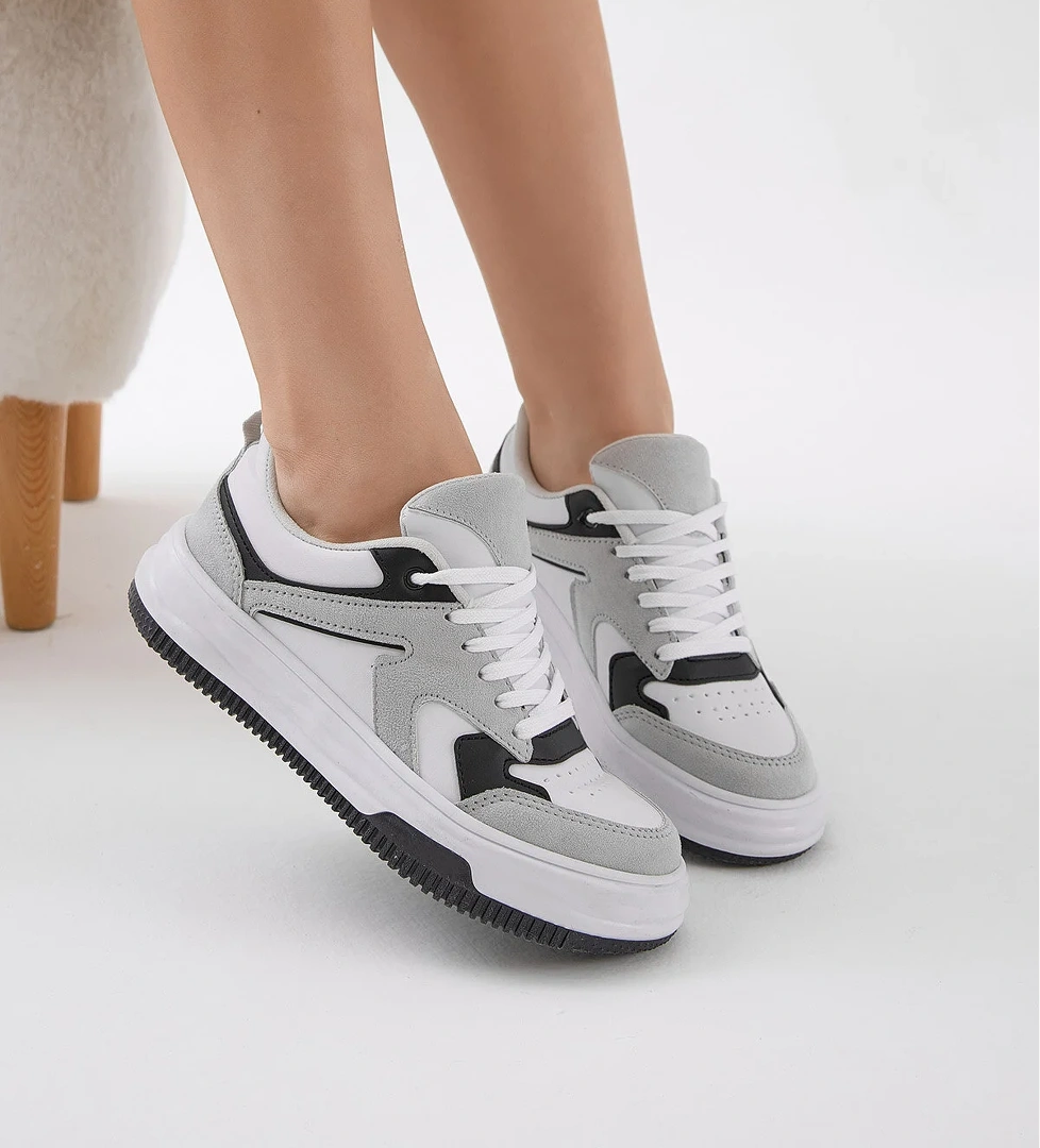 Kadın Gri Beyaz Termo Taban Bağcıklı Spor Ayakkabı