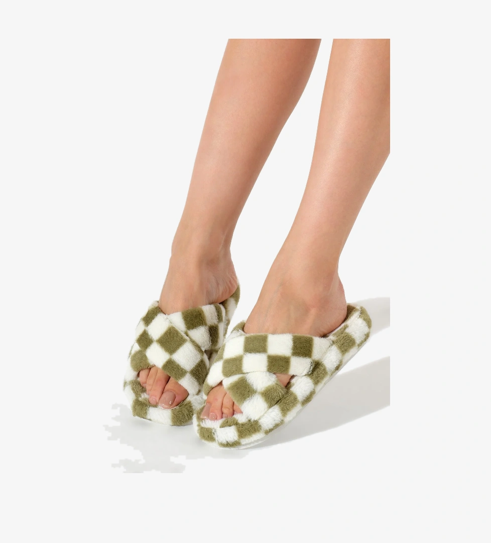 Kadın Yeşil Kroko Desenli Çapraz Peluş Ev Terliği