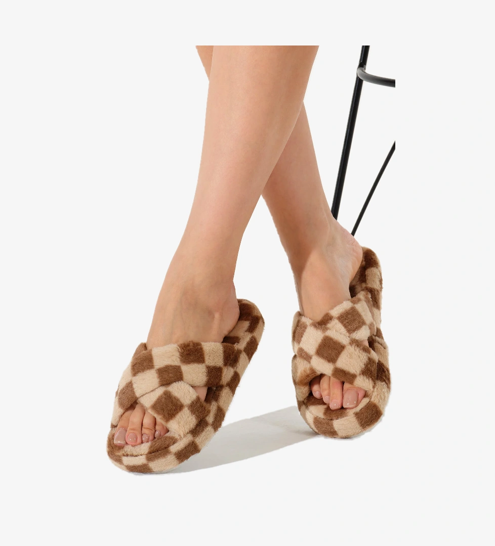 Kadın Vizon Kroko Desenli Çapraz Peluş Ev Terliği