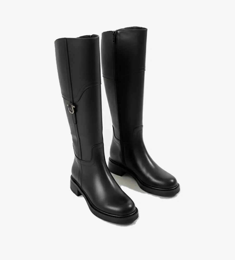 Hulbery Siyah Deri ( 3,5 Cm Topuk Boyu) Yanı Tokalı Günlük Kadın Çizme - Görsel 1