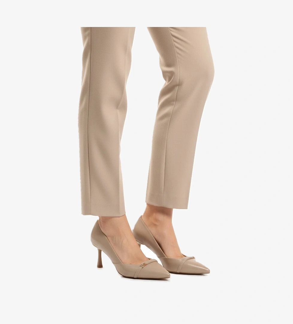 Bej Kırışık Kadın İnce Kısa Topuklu Ayakkabı 575040 Z