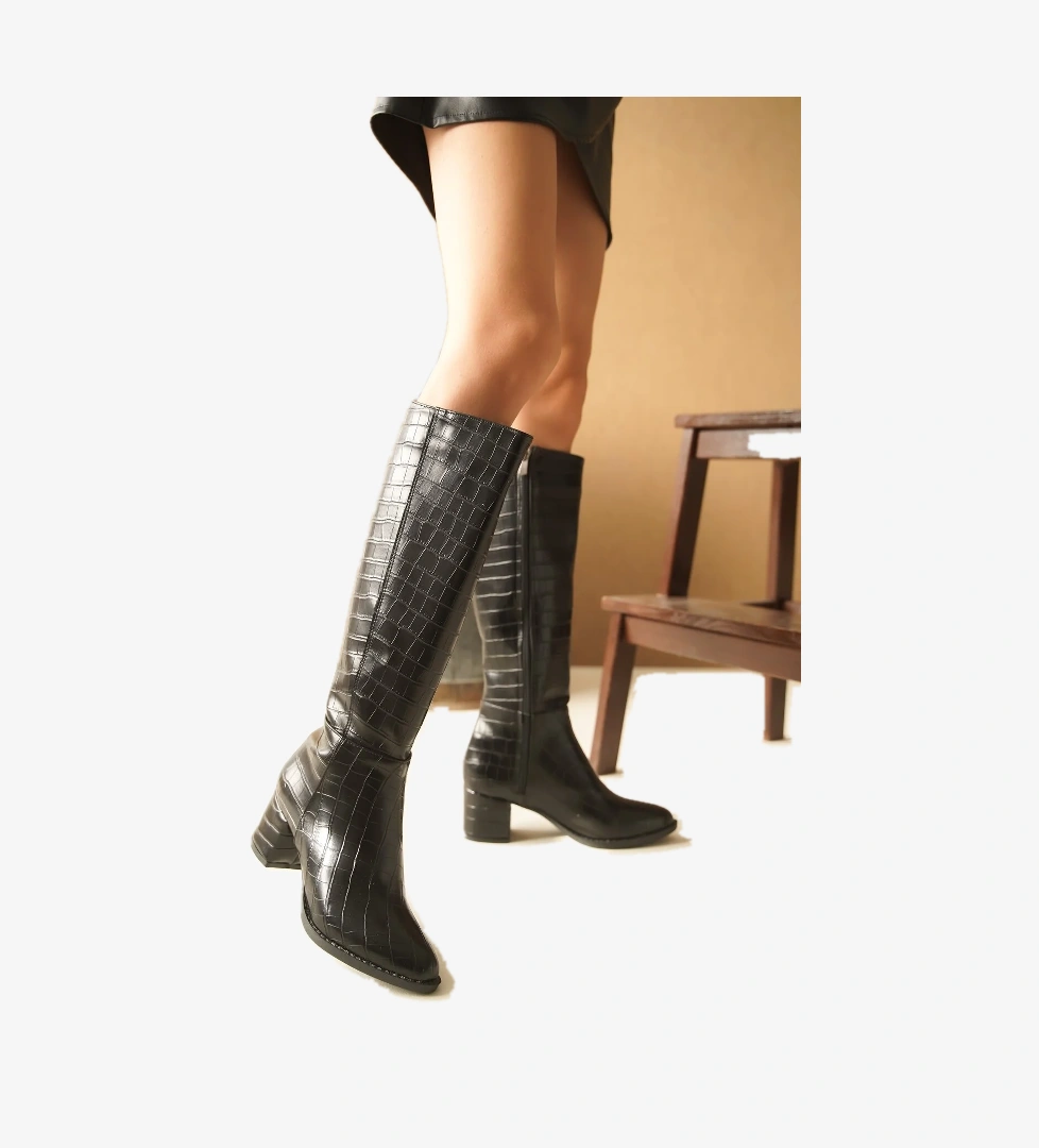 Divolya Morena Siyah Kahverengi Kroko Deri Topuklu (5 Cm ) Yanı Fermuarlı Günlük Kullanım Çizme model görseli