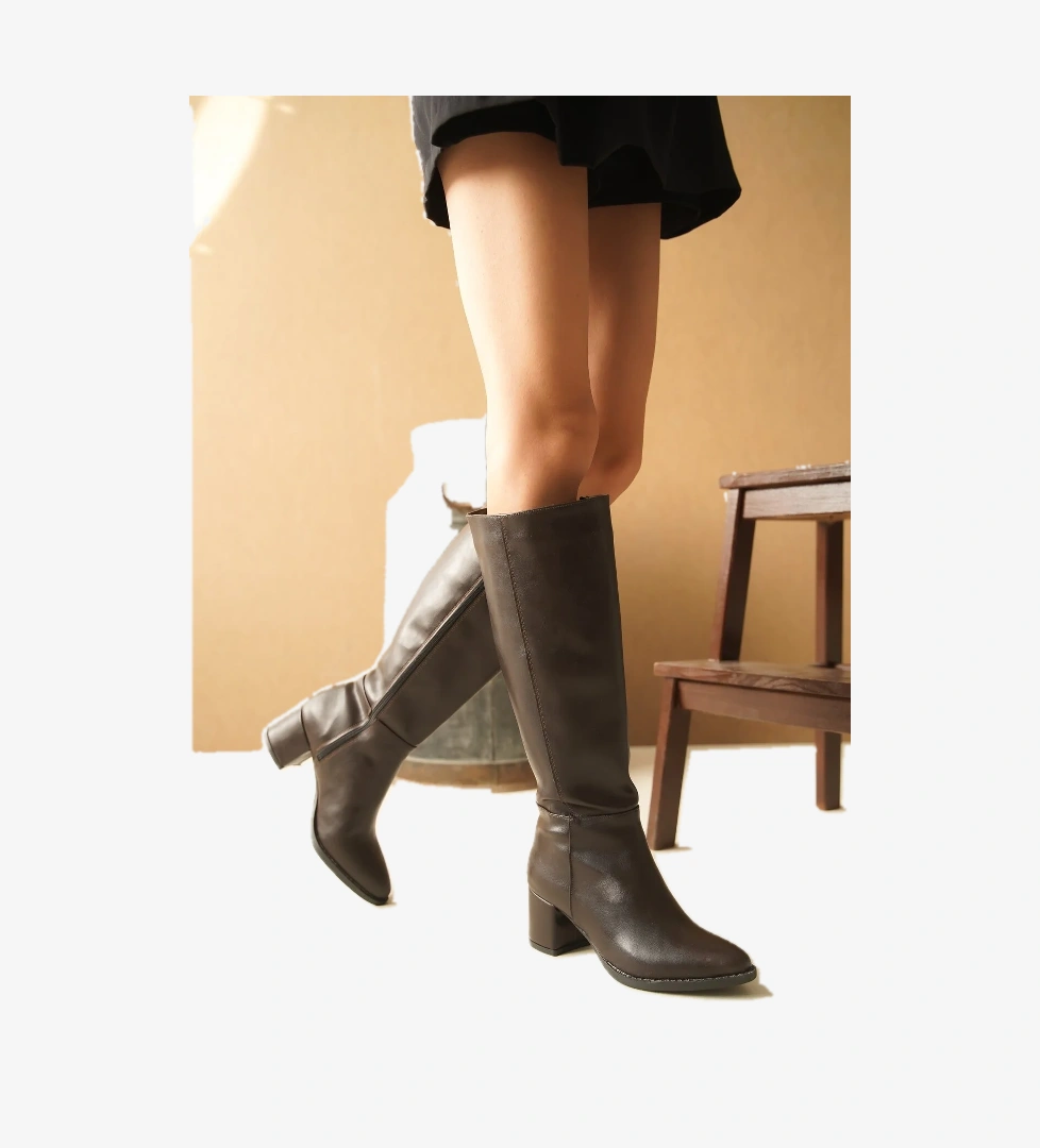 Morena Kahverengi Deri Topuklu (5 cm Topuklu ) Yanı Fermuarlı Günlük Kullanım Çizme