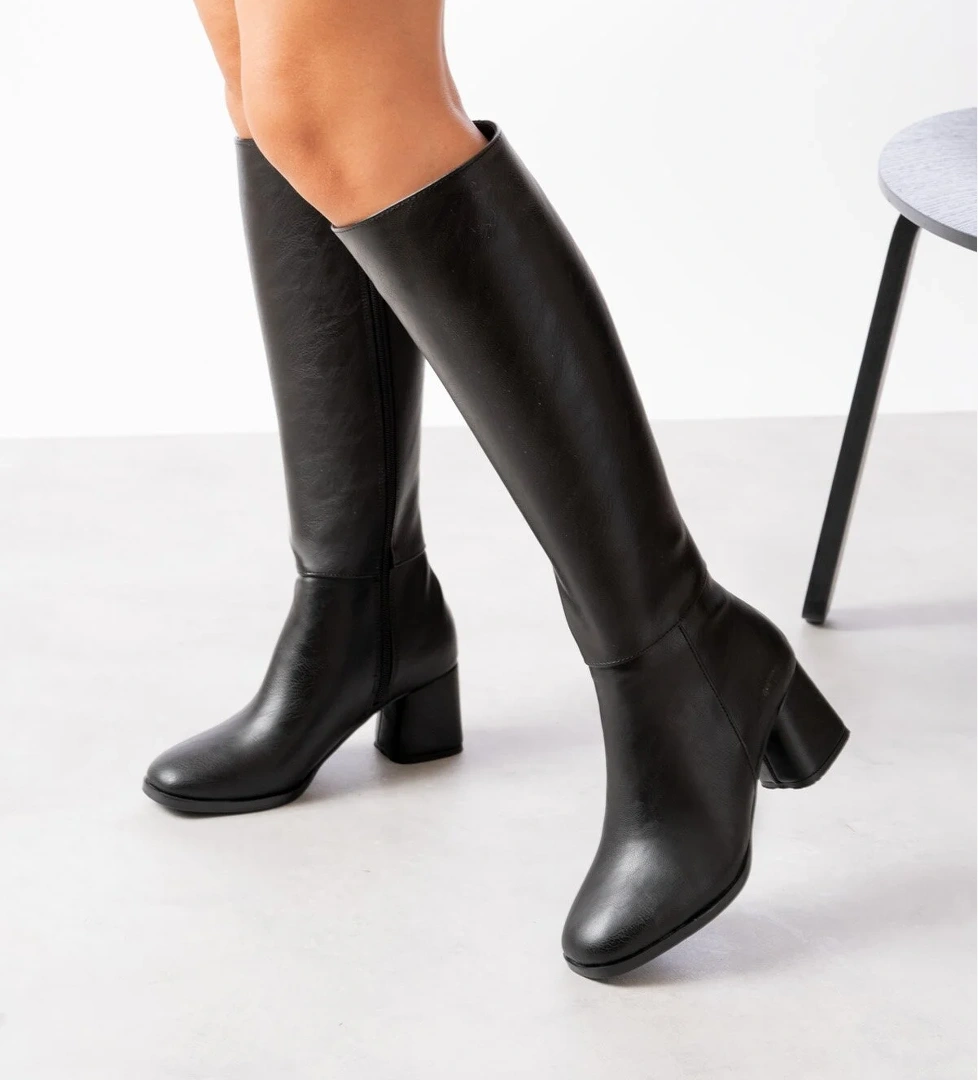 Oleda Siyah Deri Topuklu (6 cm) Yanı Fermuarlı Günlük Kullanım Çizme - Görsel 1