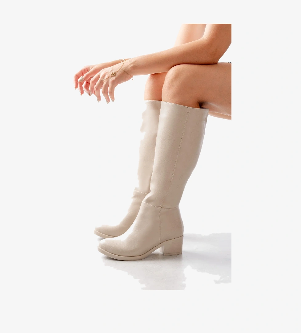 Lorida Bej Deri Topuklu (5 cm) Yanı Fermuarlı Günlük Kullanım Çizme