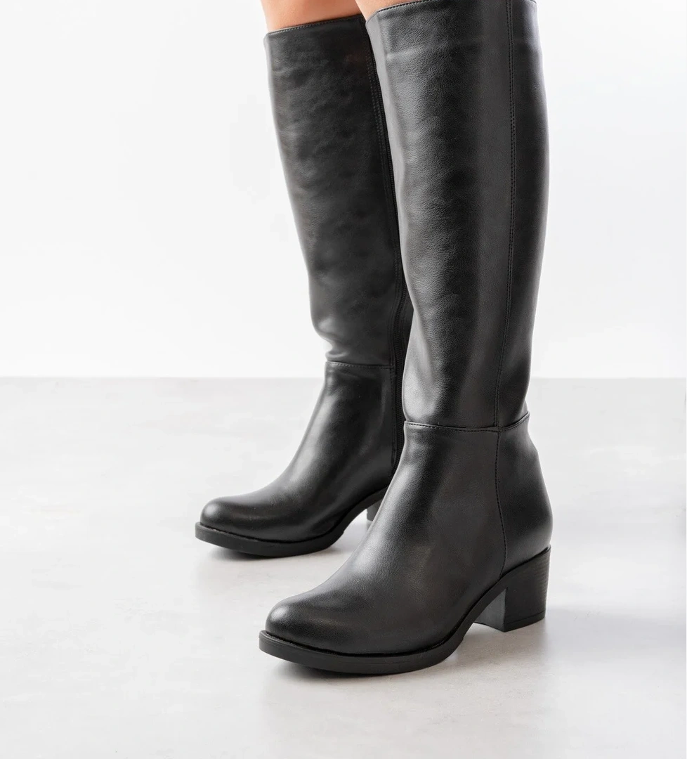 Lorida Siyah Deri Topuklu (5 cm) Yanı Fermuarlı Günlük Kullanım Çizme - Görsel 1