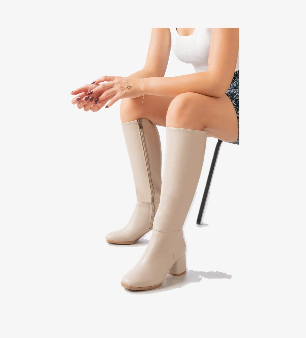 Oleda Bej Deri Topuklu (6 cm) Yanı Fermuarlı Günlük Kullanım Çizme - Görsel 1