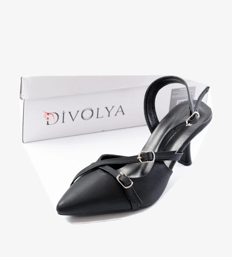 Divolya Pony Siyah Rugan ( 8 Cm Topuklu ) Sivri Burun Kapalı Tokalı Arkası Açık Stiletto Ayakkabı model görseli