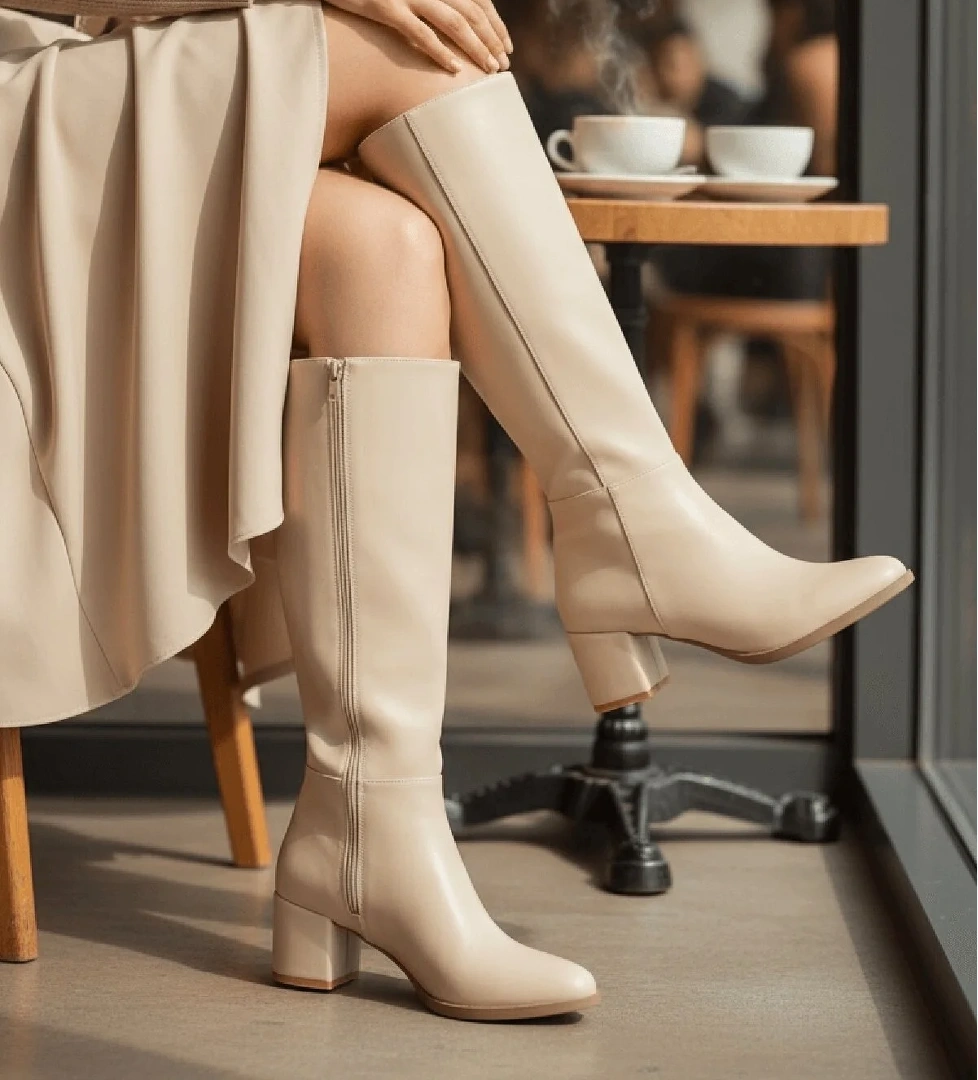 Despina Bej Deri Topuklu (5 cm Topuklu ) Yanı Fermuarlı Günlük Kullanım Çizme - Görsel 1