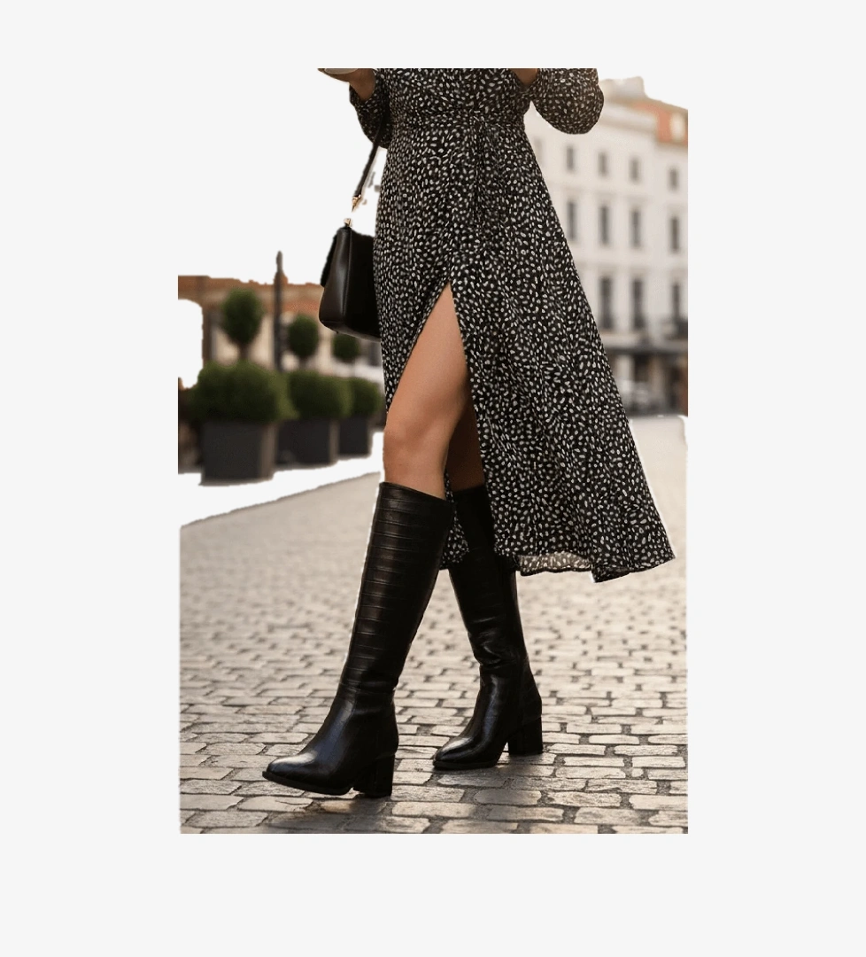 Despina Siyah Krokodil Deri Topuklu (5 cm Topuklu ) Yanı Fermuarlı Günlük Kullanım Çizme