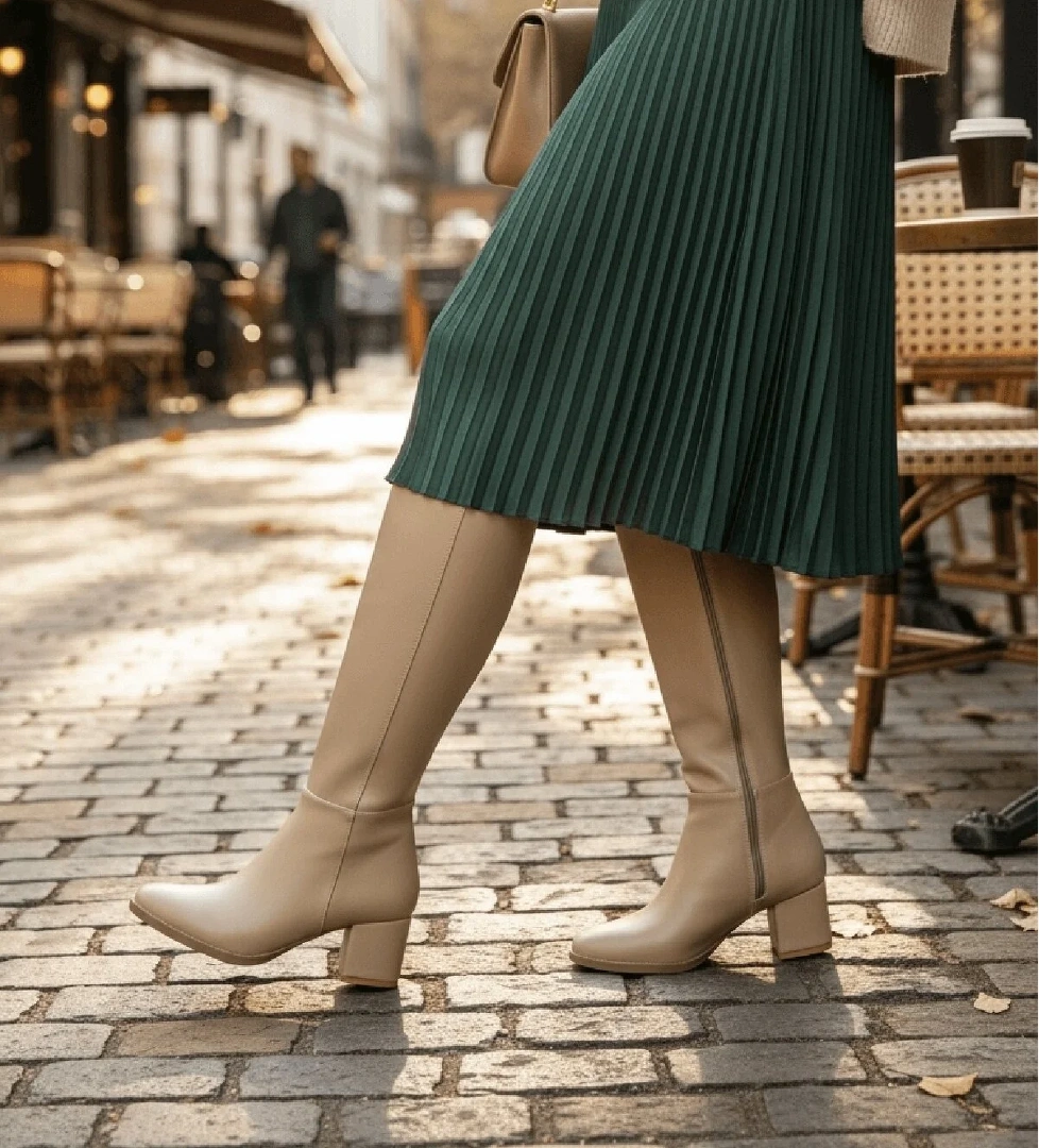 Despina Nude Deri Topuklu (5 cm Topuklu ) Yanı Fermuarlı Günlük Kullanım Çizme