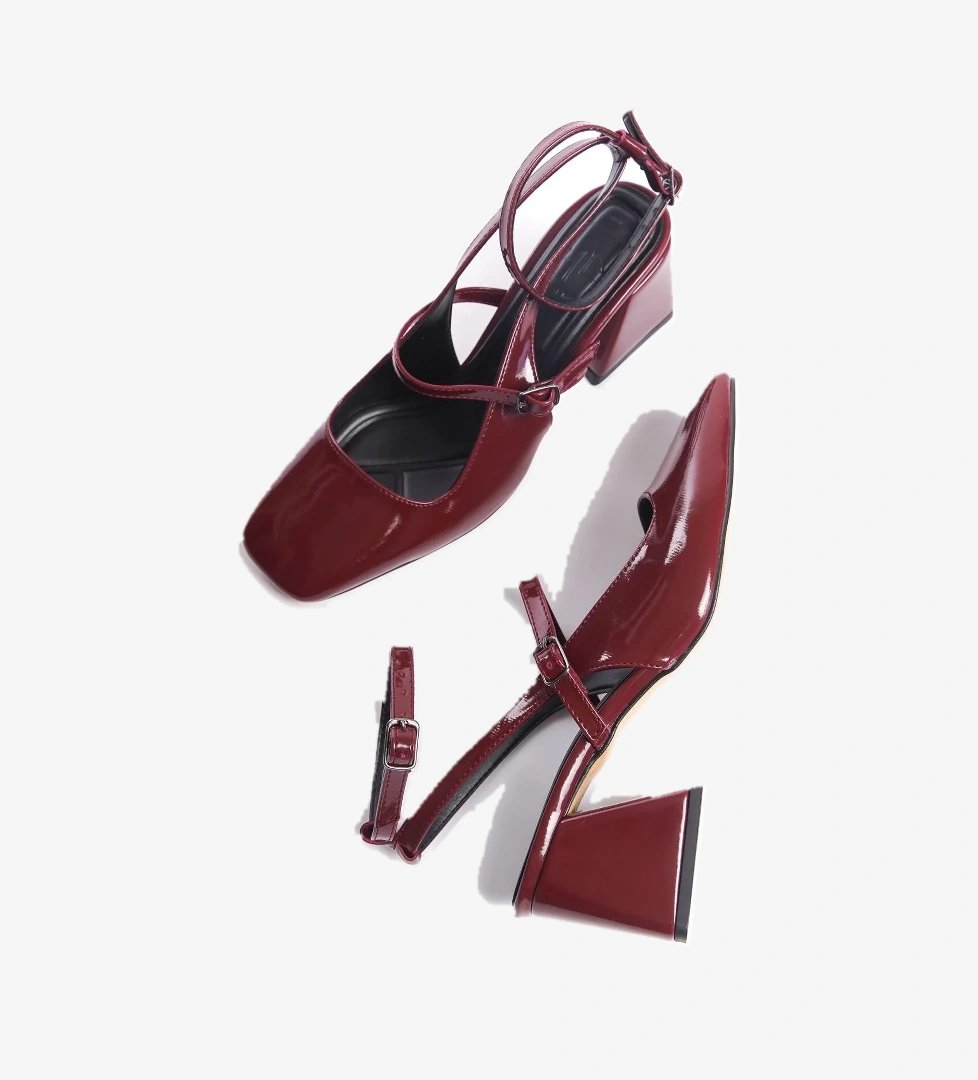 Mulia Bordo Rugan Mary Jane Kalın Topuklu Bilekten Bantlı Ayakkabı