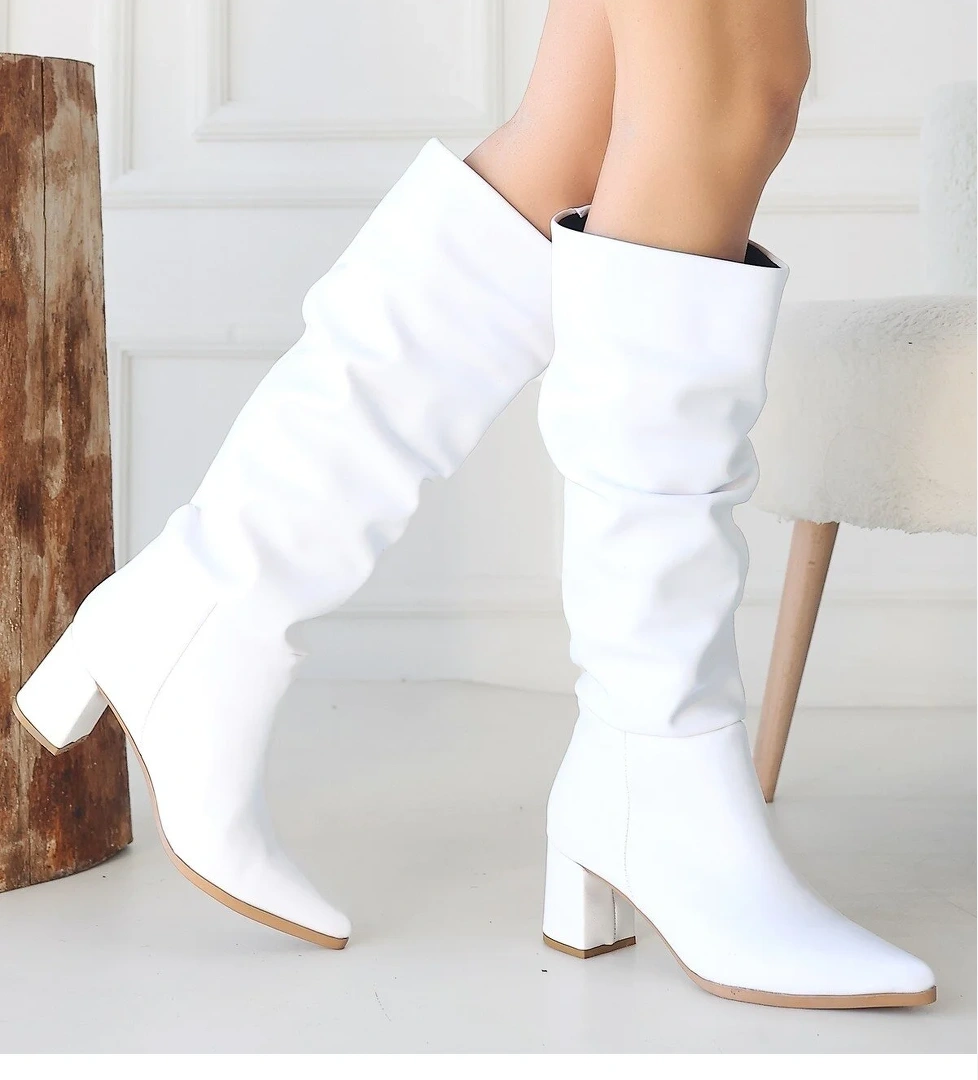Pabucmarketi Beyaz Kadın Topuklu Çizme model görseli