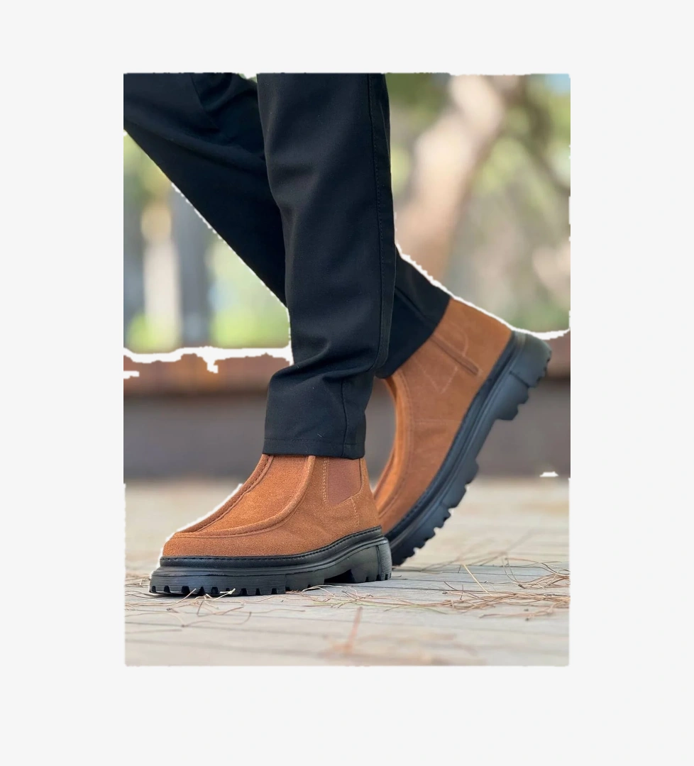 Fermuarlı Erkek Düz Bot Taba Süet