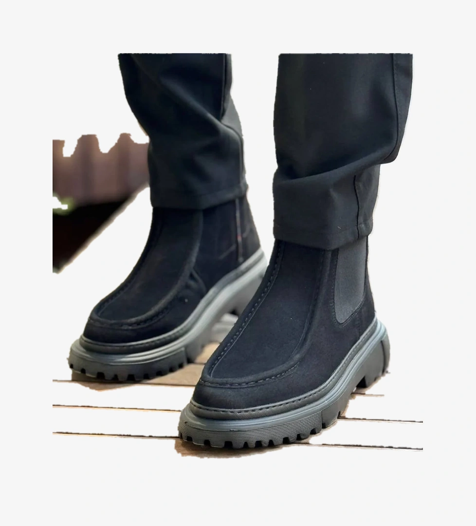 Pabucmarketi Fermuarlı Erkek Düz Bot Taba Siyah Süet model görseli