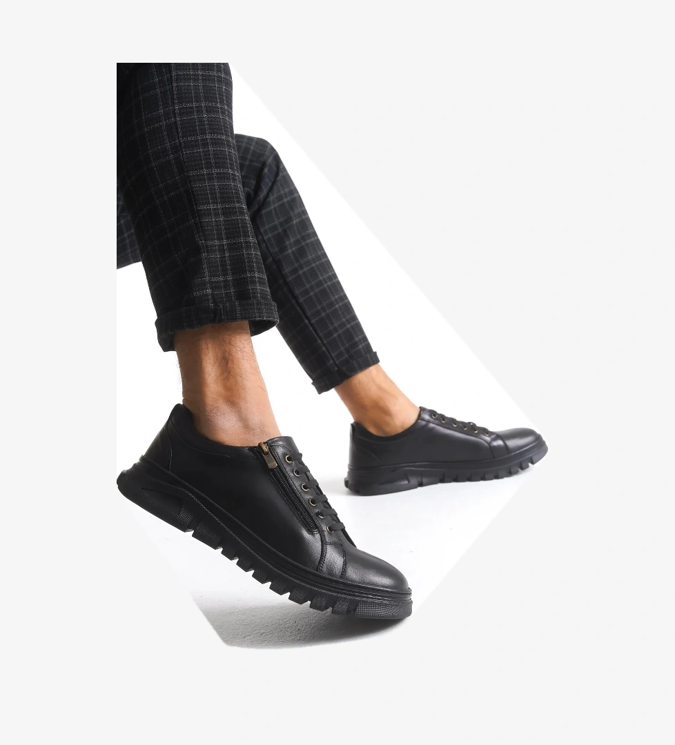 1990 Erkek Hakiki Deri Fermuarlı Ayakkabı Siyah - Görsel 1