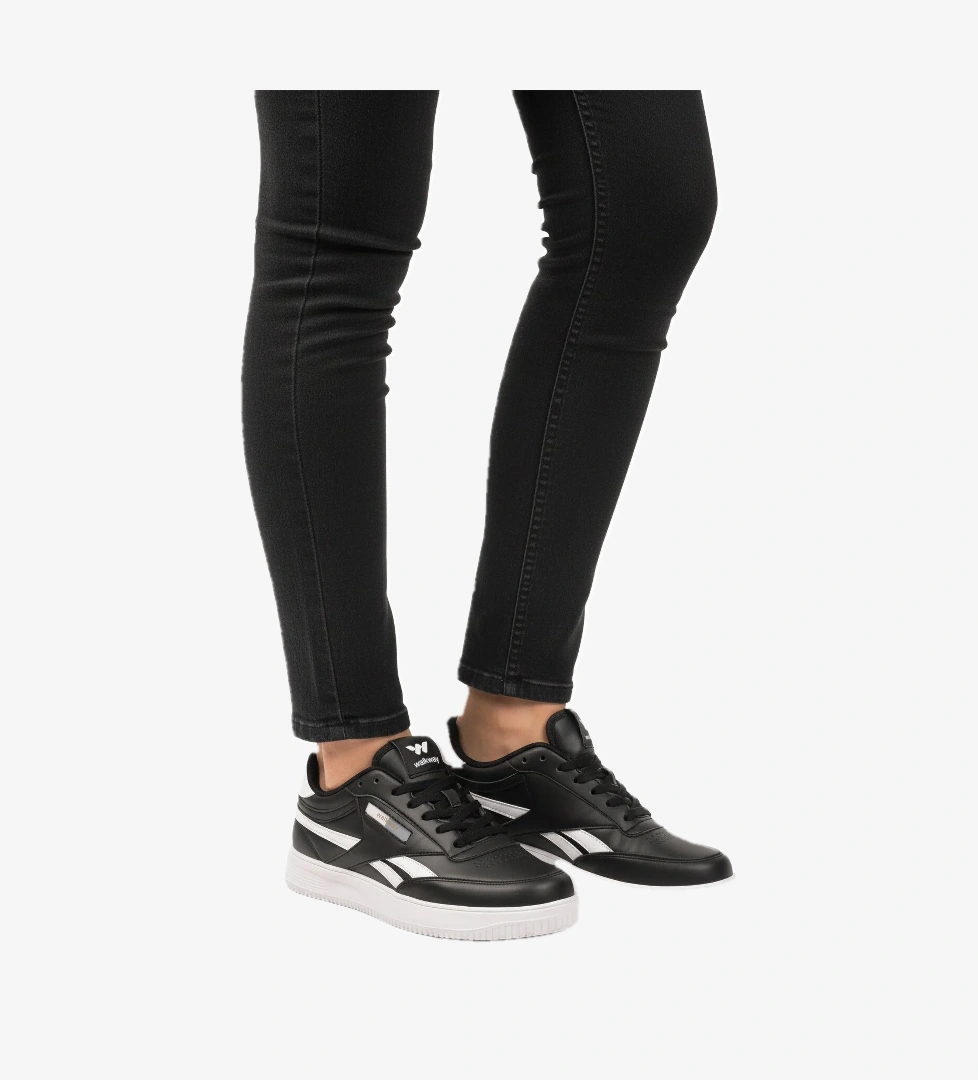 Siyah Beyaz Bağcıklı Hafif Cilt Unisex Spor Ayakkabı Marlow G