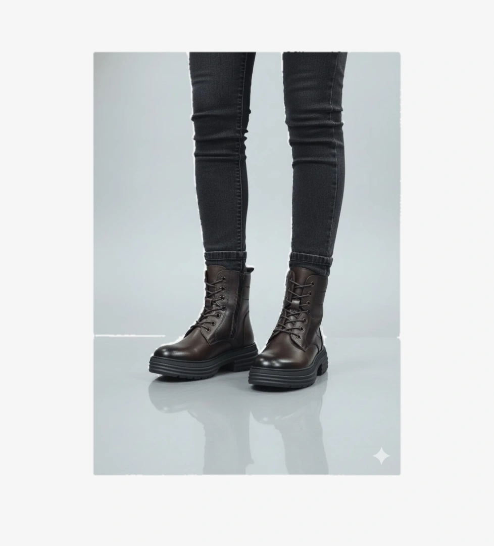 Bağcıklı Fermuarlı Kalın Taban Kaymaz Hakiki Deri Kadın Bot Z328