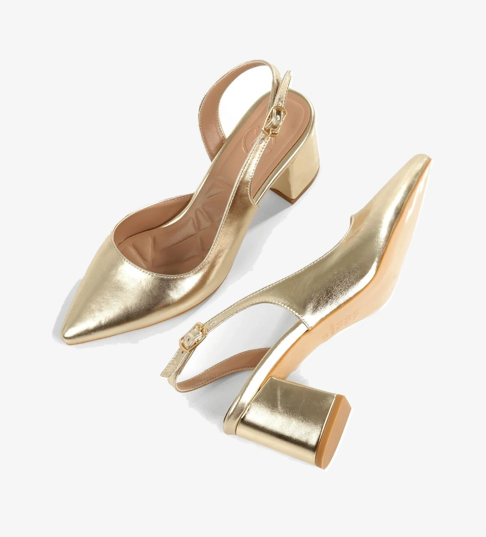 Altın Dore Renk Abiye Ayakkabı Kalın Kısa Topuklu Önü Kapalı Stiletto Verlik