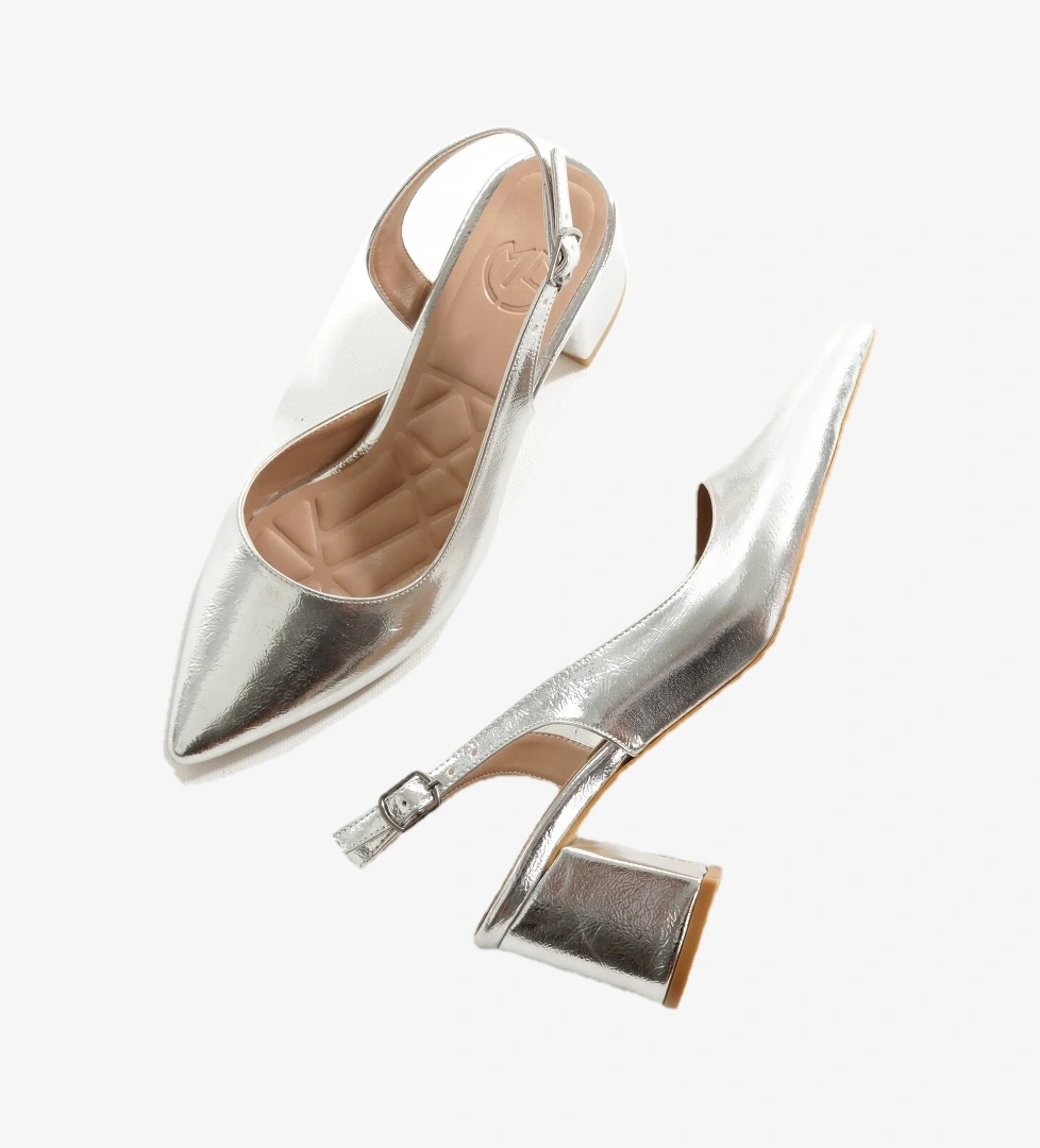 Gümüş Abiye Ayakkabı Kalın Kısa Topuklu Önü Kapalı Stiletto Verlik